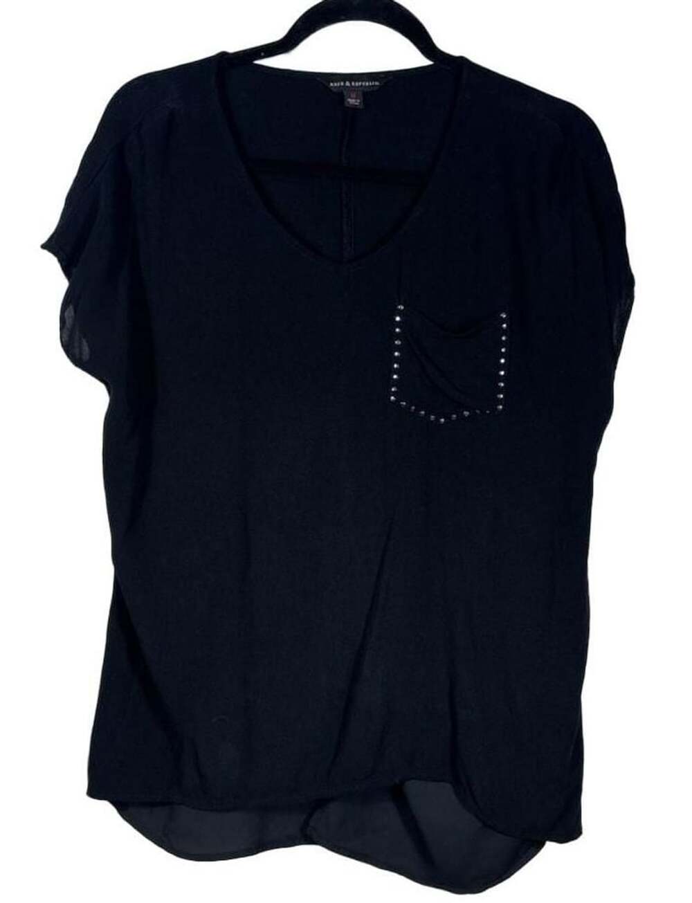 Rock & Republic Top Size M Black Studded Pocket Short Sleeve V-Neck